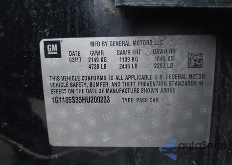 2017 Chevrolet Impala 1Lt from USA, damaged, VIN 1G1105S35HU200233